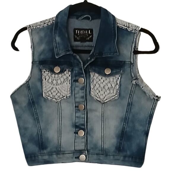 Thrill Jackets & Blazers - Y2K Thrill Denim Vest Medium Button Up Lace Pocket Collared Hoodless Distressed